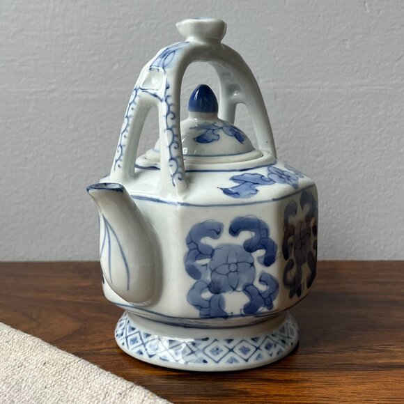 Small Chinese Teapot Blue & White Porcelain Hand Painted Marking Hieroglyphs - Picture 2 of 15